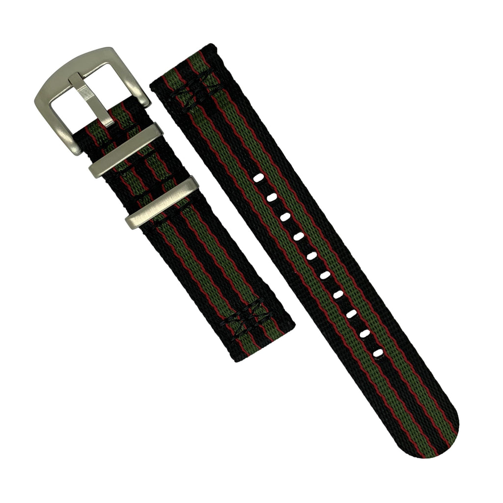 Two Piece Seat Belt Nato Strap in Black Green Red (James Bond) with Brushed Silver Buckle (22mm)