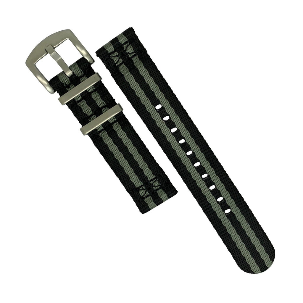 Two Piece Seat Belt Nato Strap in Black Grey (James Bond) with Brushed Silver Buckle (20mm)