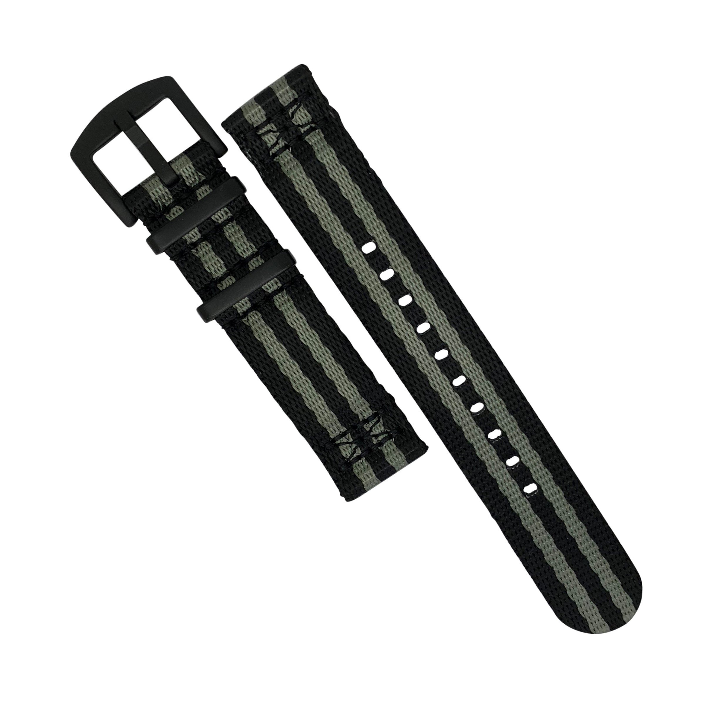 Two Piece Seat Belt Nato Strap in Black Grey James Bond with Black B Nomad Watch Works ID