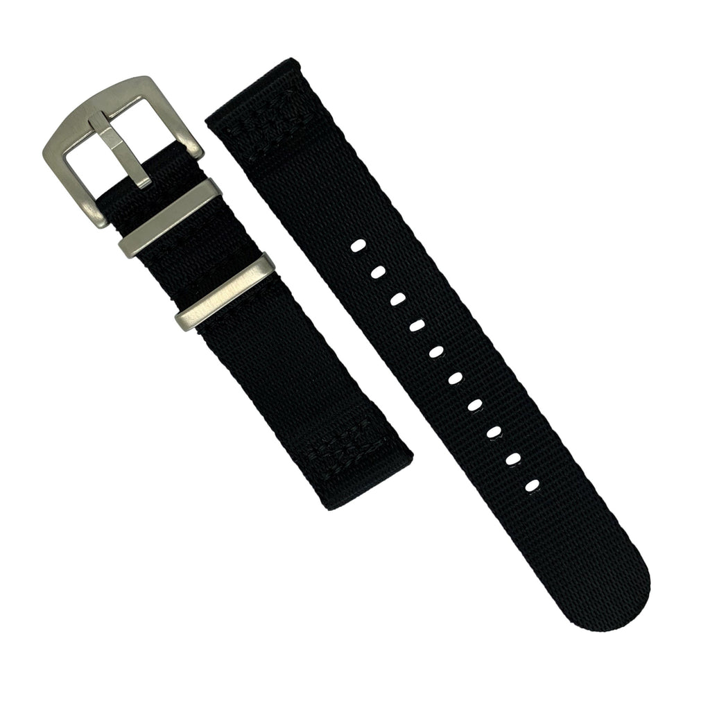 Two Piece Seat Belt Nato Strap in Black with Brushed Silver Buckle (22mm)