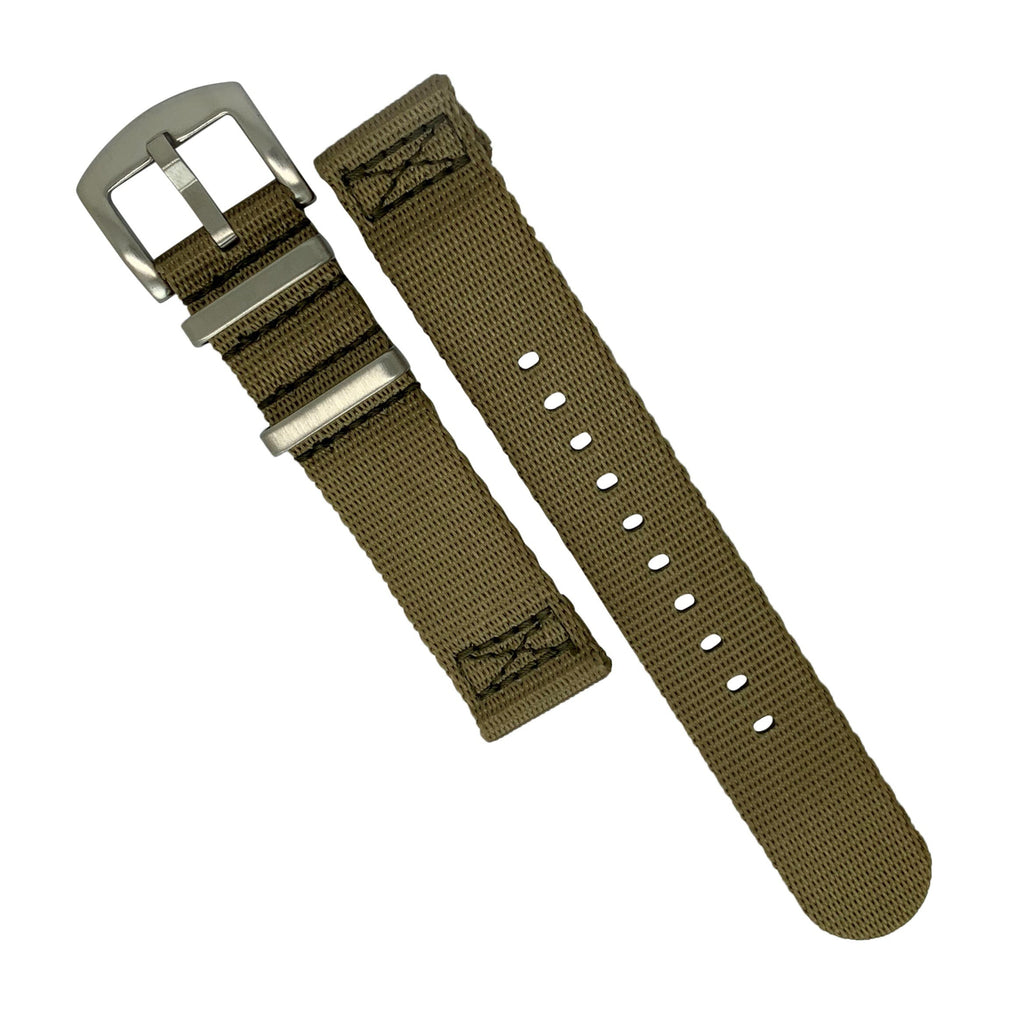 Two Piece Seat Belt Nato Strap in Khaki with Brushed Silver Buckle (20mm)