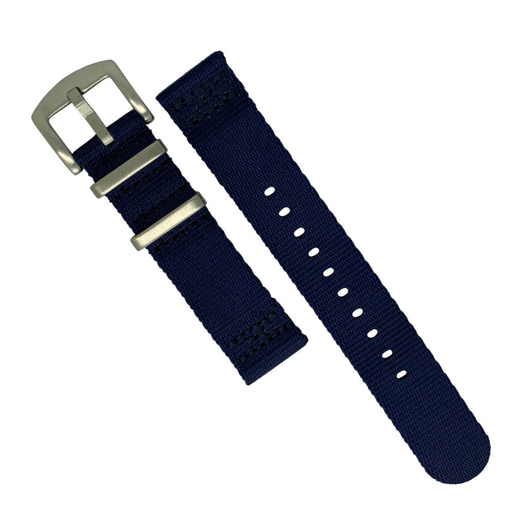 Two Piece Seat Belt Nato Strap in Navy with Brushed Silver Buckle (20mm)