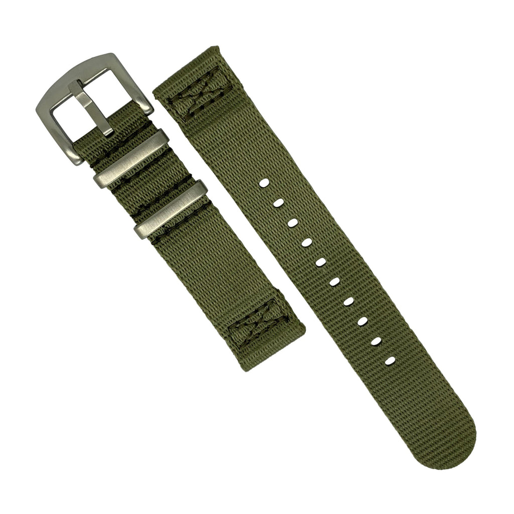 Two Piece Seat Belt Nato Strap in Olive with Brushed Silver Buckle (20mm)