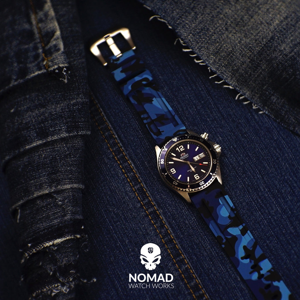 V3 Rubber Strap in Blue Camo with Pre-V Silver Buckle (22mm)