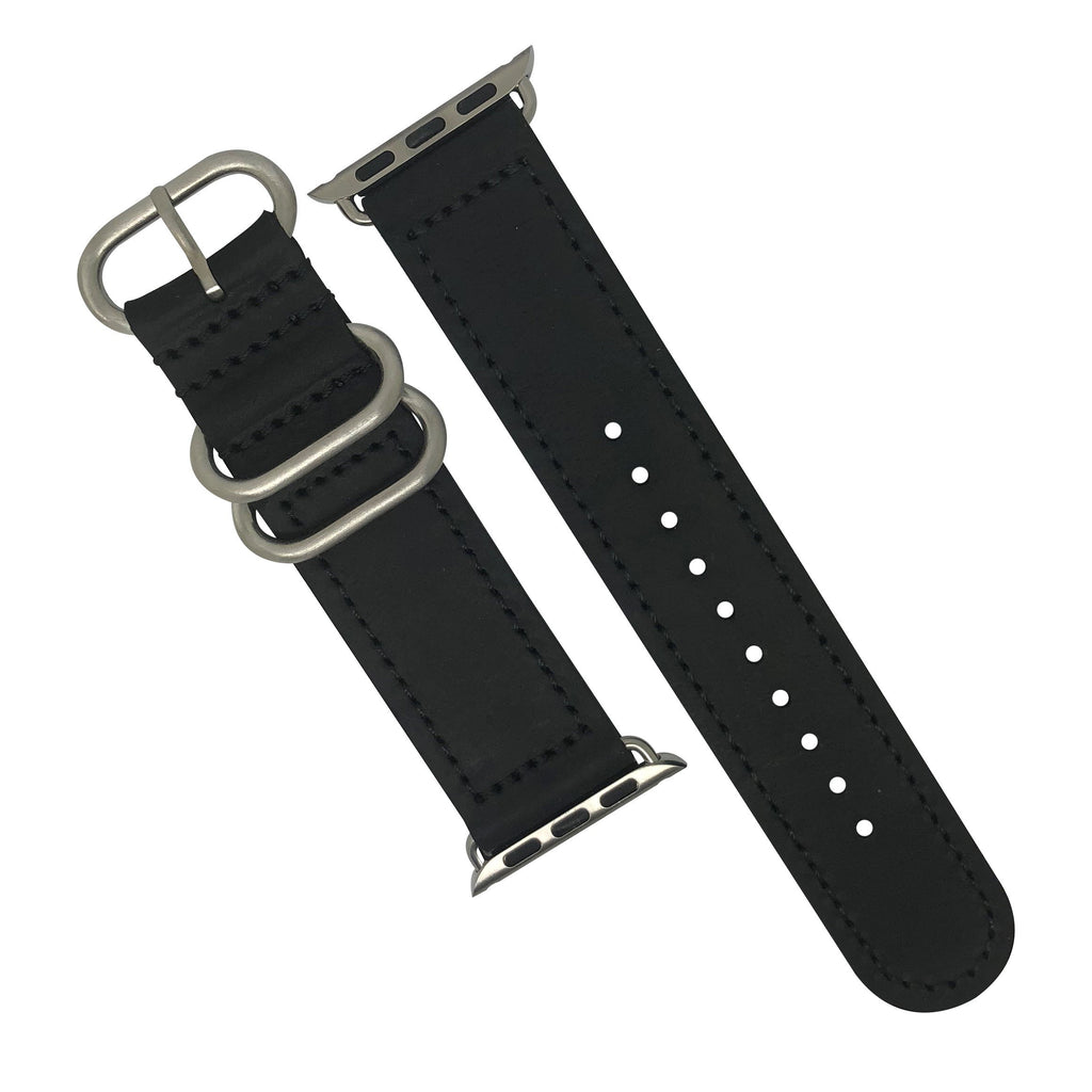 Apple Watch Leather Zulu Strap in Black with Silver Buckle (38 & 40mm) - Nomad watch Works