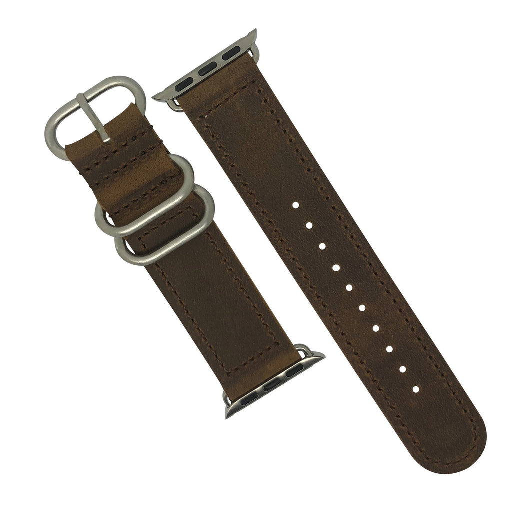 Apple Watch Leather Zulu Strap in Brown with Silver Buckle (42 & 44mm) - Nomad watch Works