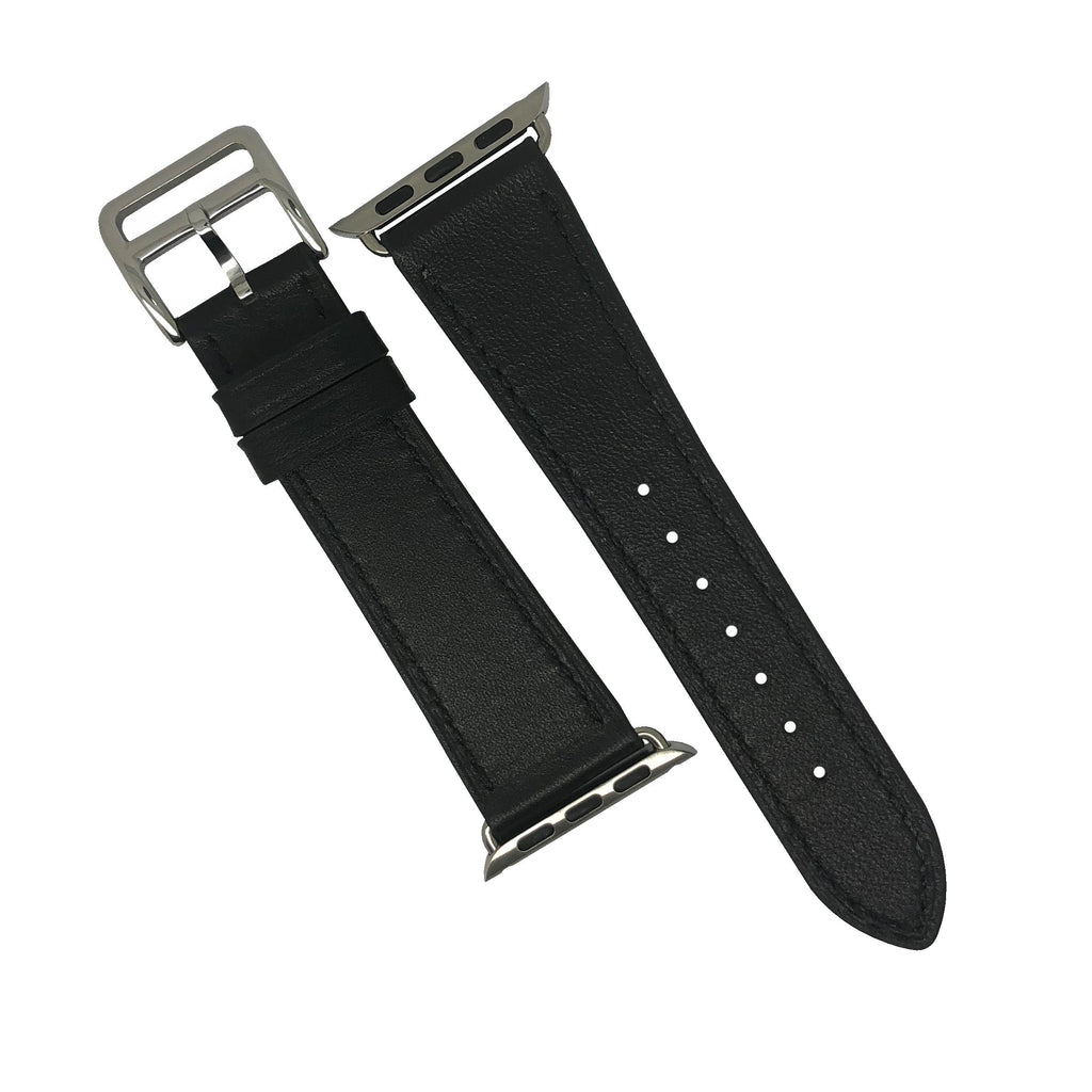Apple Watch Leather Strap in Black with Silver Buckle - Single Tour (38 & 40mm) - Nomad watch Works