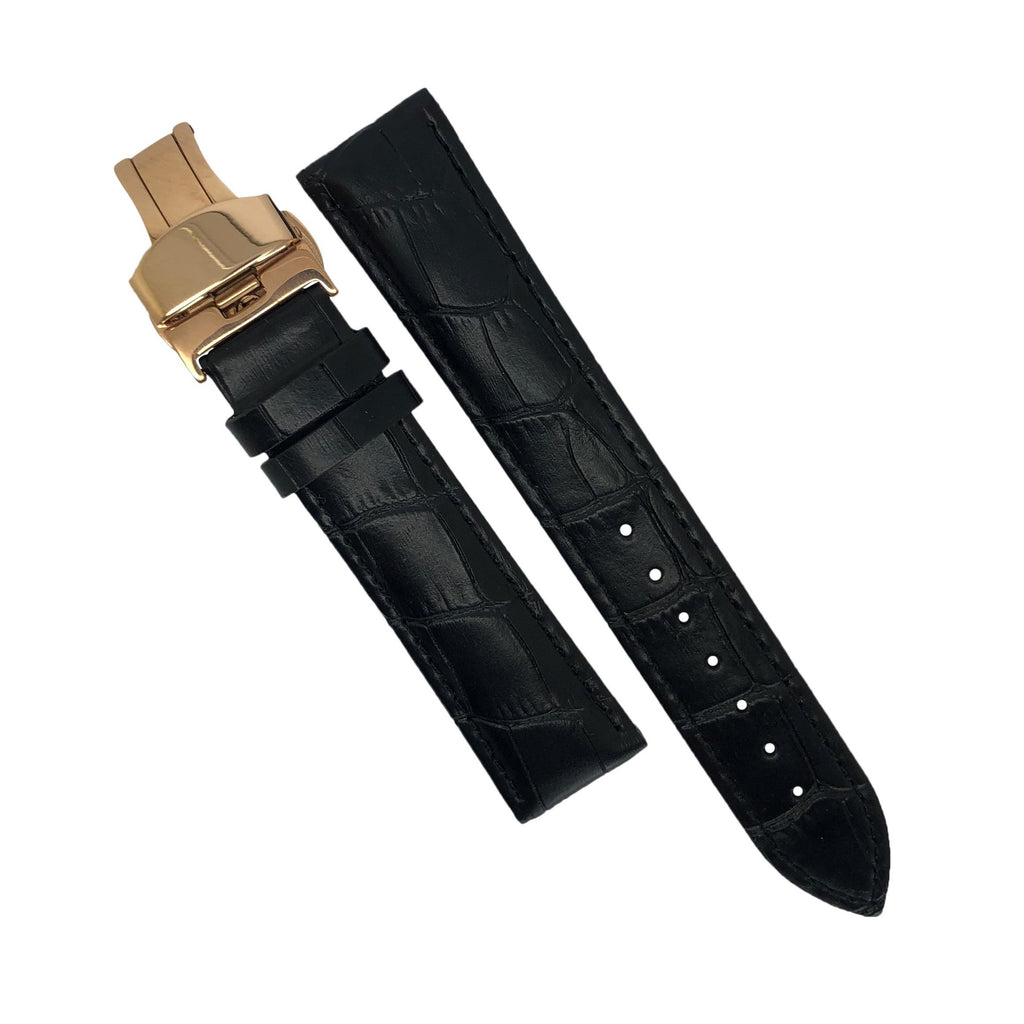 Genuine Leather Watch Strap in Black with Rose Gold Butterfly Deployant Clasp (18mm)