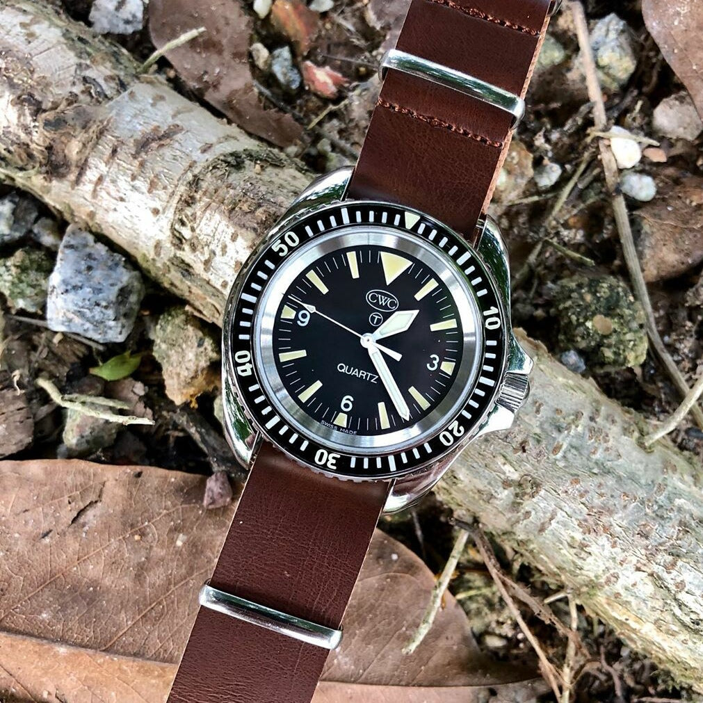 Premium Leather Nato Strap in Brown with Silver Buckle (22mm)
