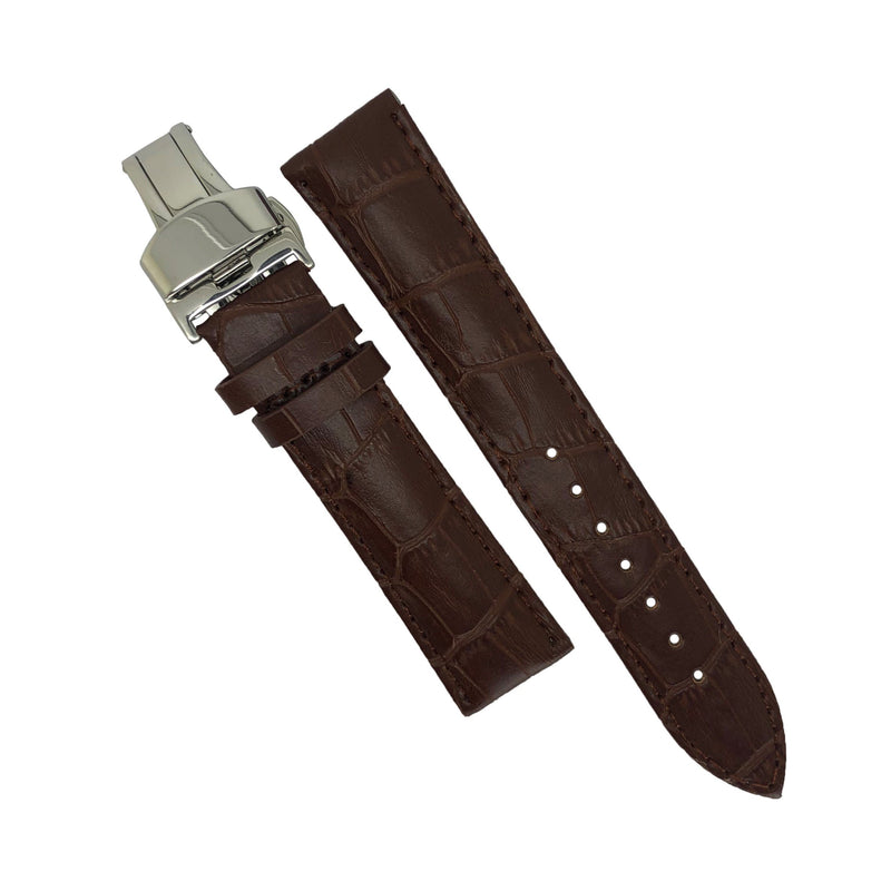 Genuine Leather Watch Strap in Brown with Silver Butterfly Deployant Clasp (20mm)