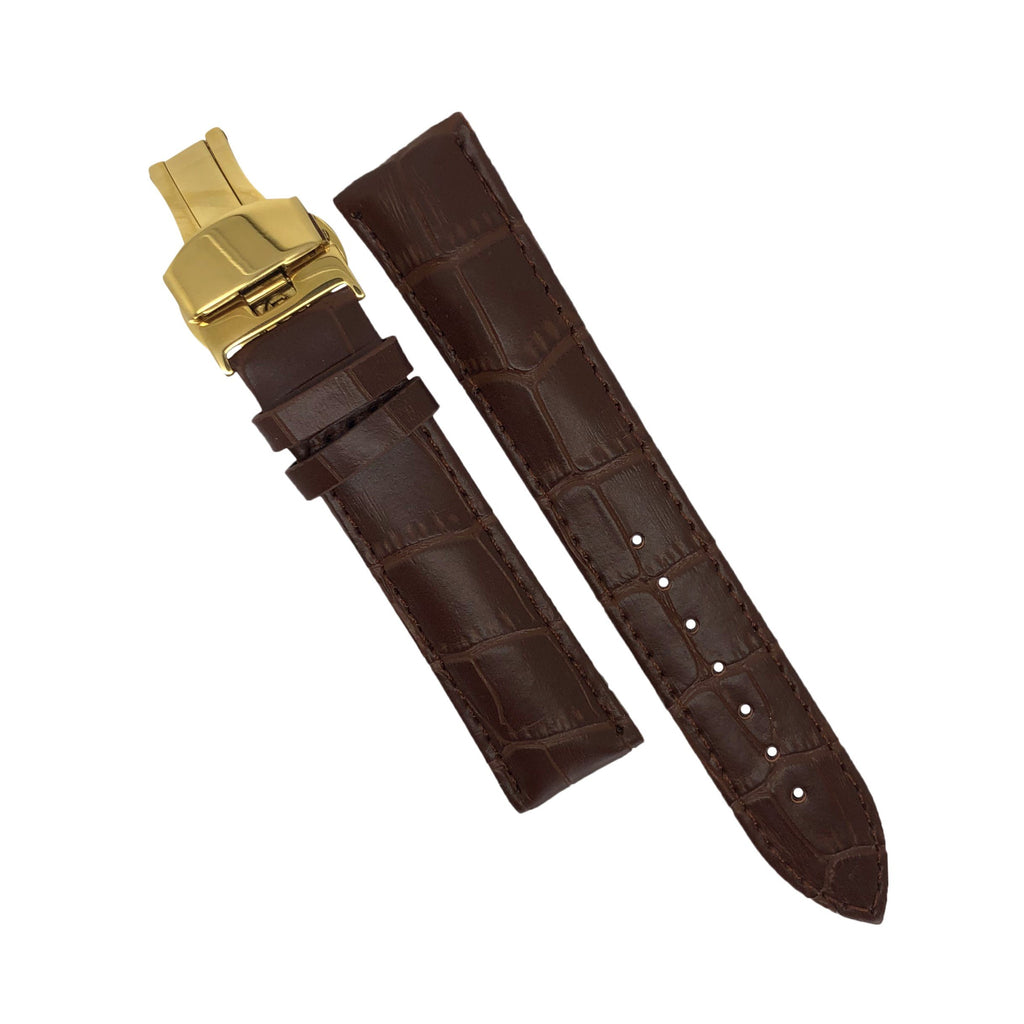 Genuine Leather Watch Strap in Brown with Yellow Gold Butterfly Deployant Clasp (18mm)