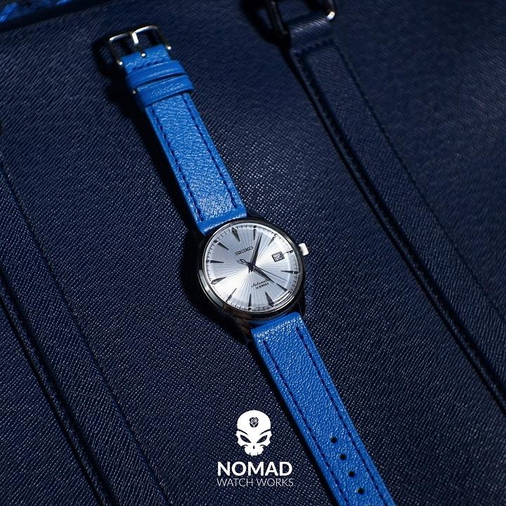 Emery Chèvre Leather Strap in Blue w/ Silver Buckle (20mm) - Nomad watch Works