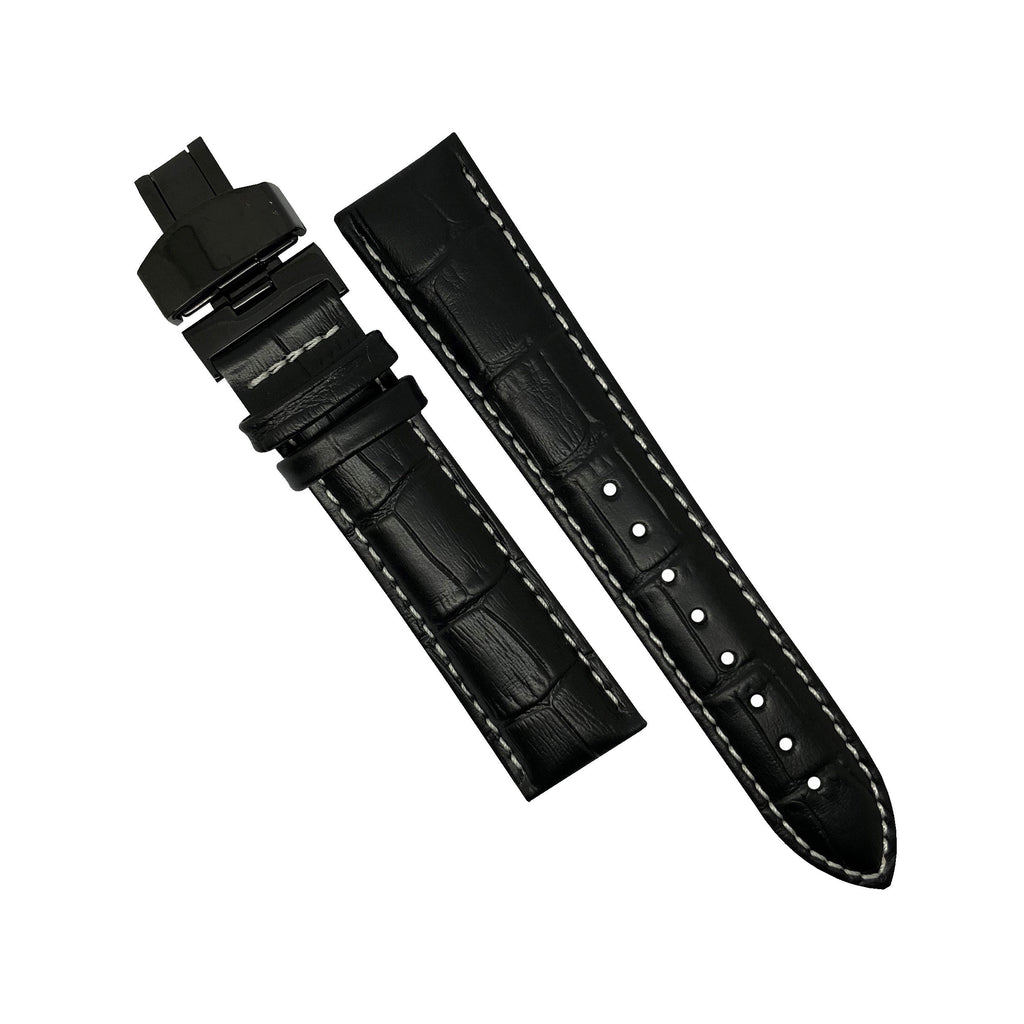 Genuine Black Leather Watch Strap in White Stitching with Black Deployant Clasp (18mm) - Nomad watch Works