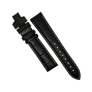 Genuine Black Leather Watch Strap in White Stitching with Black Deployant Clasp (18mm) - Nomad watch Works