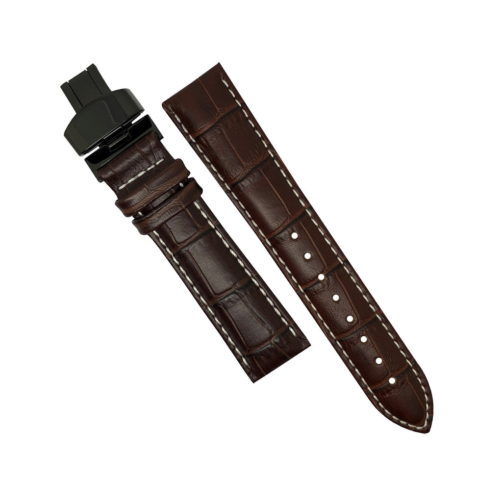 Genuine Brown Leather Watch Strap in White Stitching with Black Deployant Clasp (18mm) - Nomad watch Works