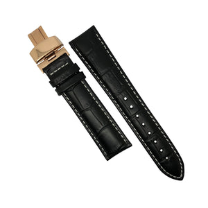 Genuine Black Leather Watch Strap in White Stitching with Rose Gold Deployant Clasp (22mm) - Nomad watch Works