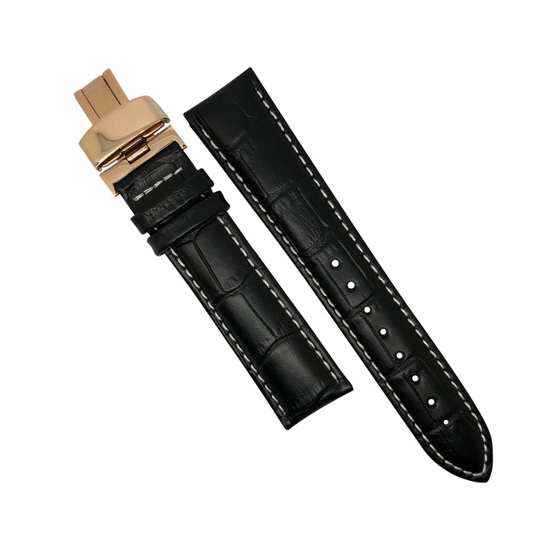 Genuine Black Leather Watch Strap in White Stitch with R. Gold