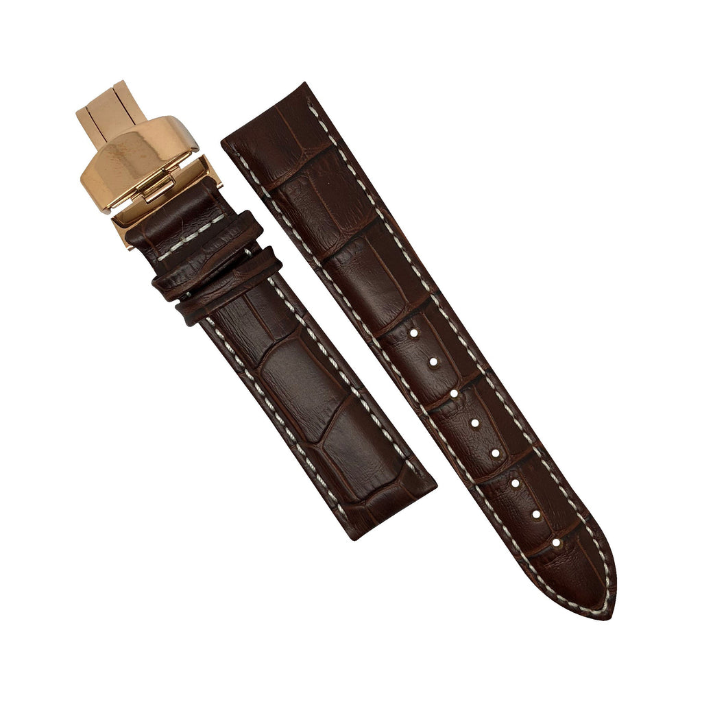Genuine Brown Leather Watch Strap in White Stitching with Rose Gold Deployant Clasp (18mm) - Nomad watch Works