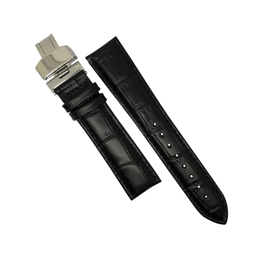 Genuine Black Leather Watch Strap in Black Stitching with Silver Deployant Clasp (18mm) - Nomad watch Works