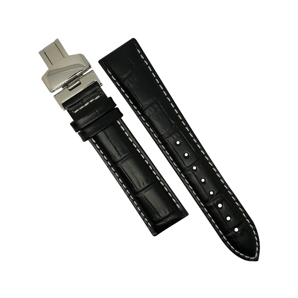 Genuine Black Leather Watch Strap in White Stitching with Silver Deployant Clasp (18mm) - Nomad watch Works