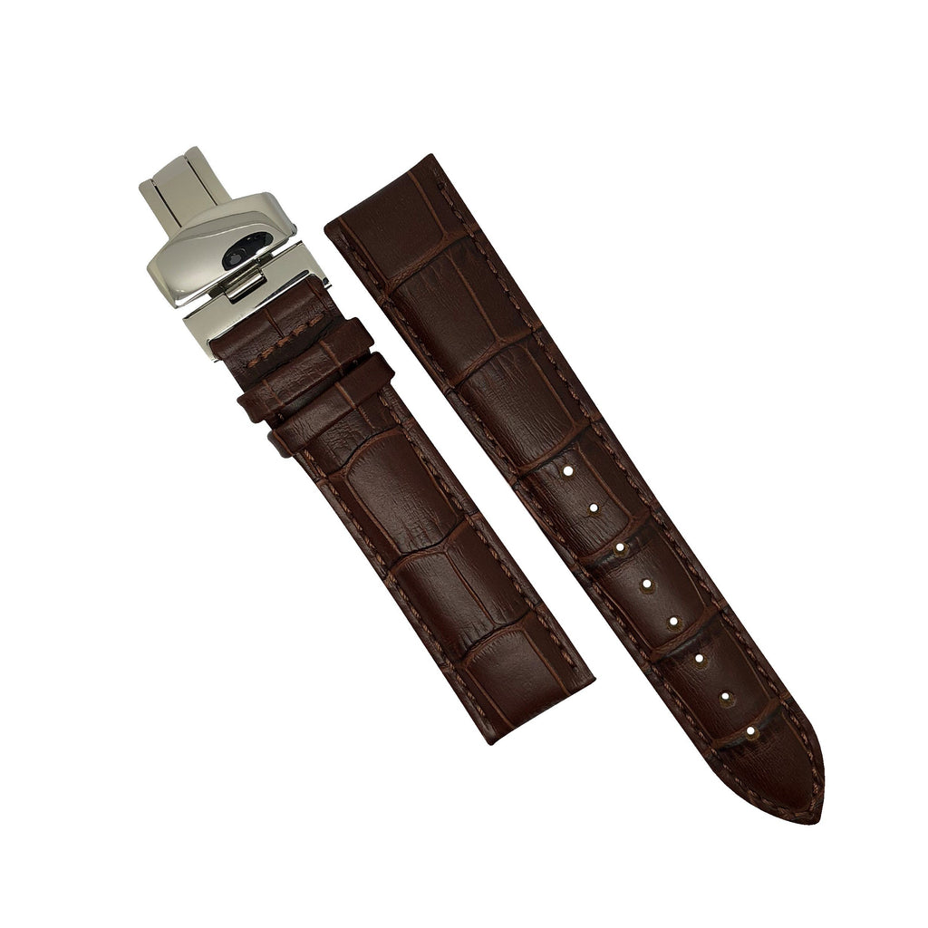 Genuine Brown Leather Watch Strap in Brown Stitching with Silver Deployant Clasp (18mm) - Nomad watch Works