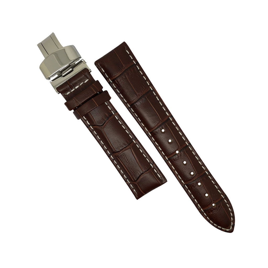 Genuine Brown Leather Watch Strap in White Stitching with Silver Deployant Clasp (18mm) - Nomad watch Works