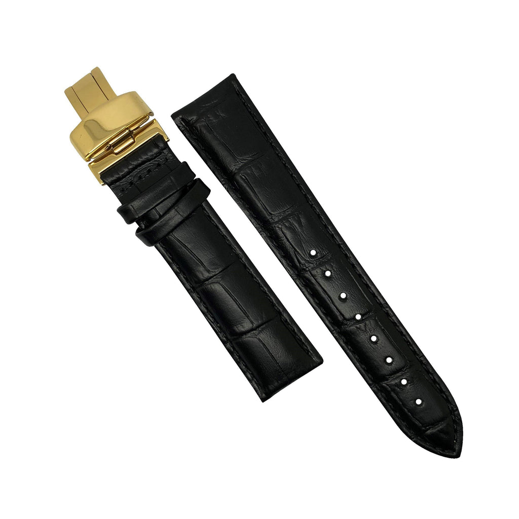 Genuine Black Leather Watch Strap in Black Stitching with Yellow Gold Deployant Clasp (18mm) - Nomad watch Works