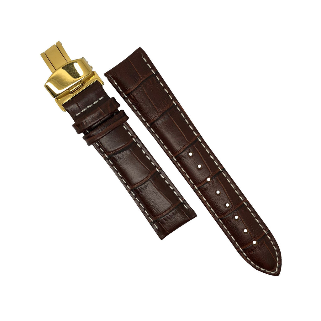 Genuine Brown Leather Watch Strap in White Stitching with Yellow Gold Deployant Clasp (18mm) - Nomad watch Works