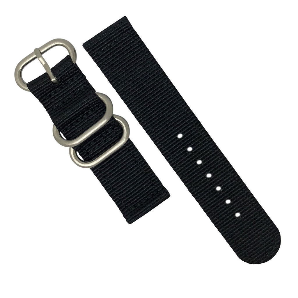 Two Piece Heavy Duty Zulu Strap in Black with Silver Buckle (20mm)