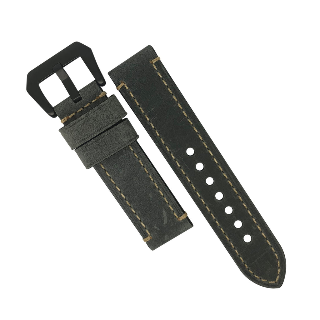 M1 Vintage Leather Watch Strap in Grey with Pre-V PVD Black Buckle (22mm) - Nomad watch Works