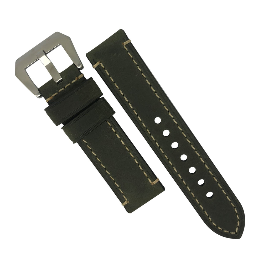 M1 Vintage Leather Watch Strap in Olive with Pre-V Silver Buckle (22mm) - Nomad watch Works