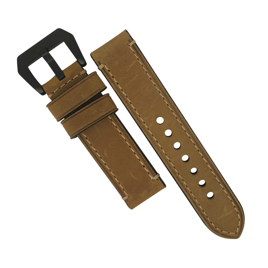 M1 Vintage Leather Watch Strap in Tan with Pre-V PVD Black Buckle (24mm) - Nomadstore Singapore