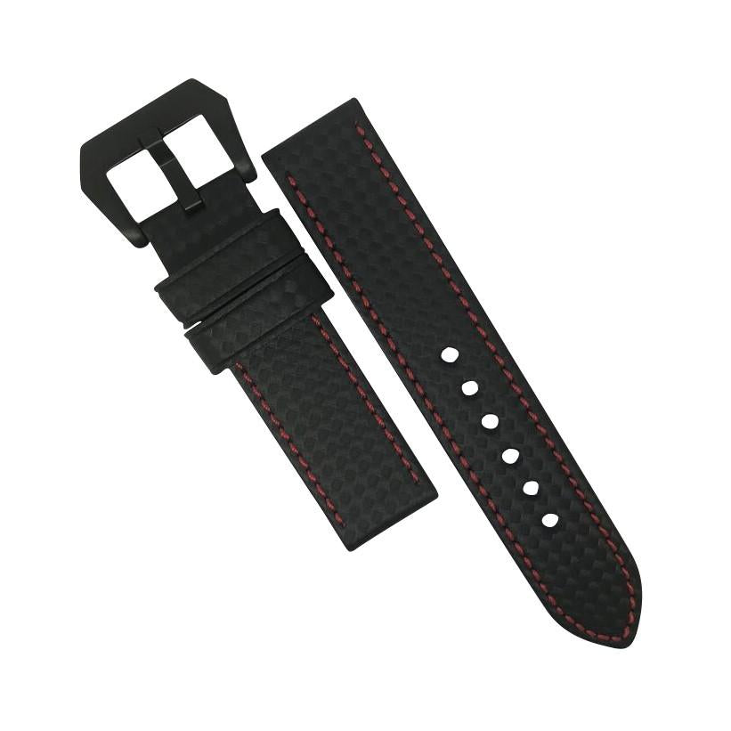 Premium Carbon Embossed Leather Watch Strap in Red Stitching with Pre-V PVD Black Buckle (22mm) - Nomadstore Singapore