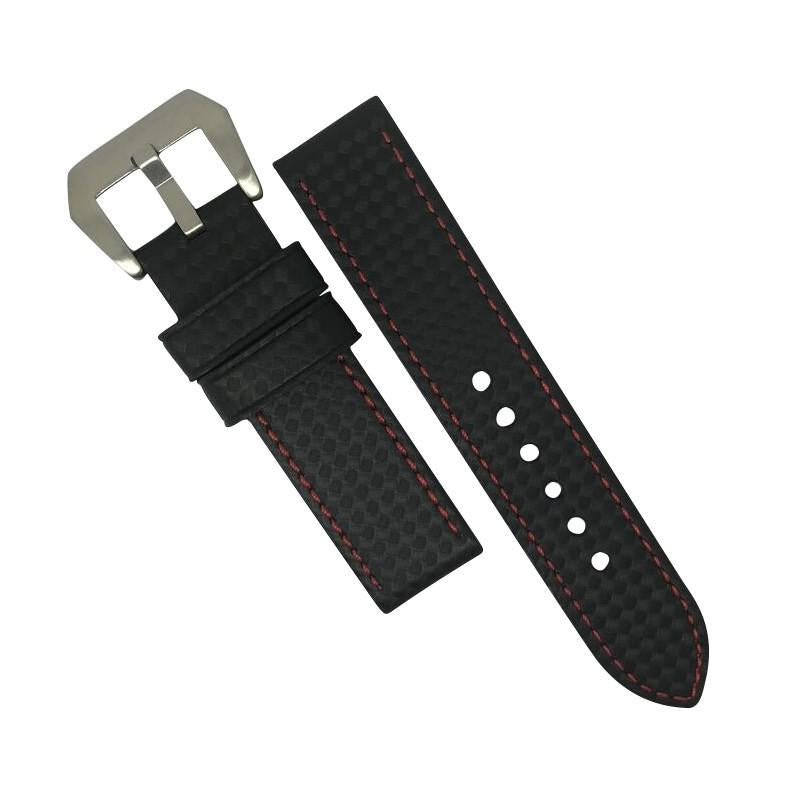 Premium Carbon Embossed Leather Watch Strap in Red Stitching with Pre-V Silver Buckle (22mm) - Nomadstore Singapore