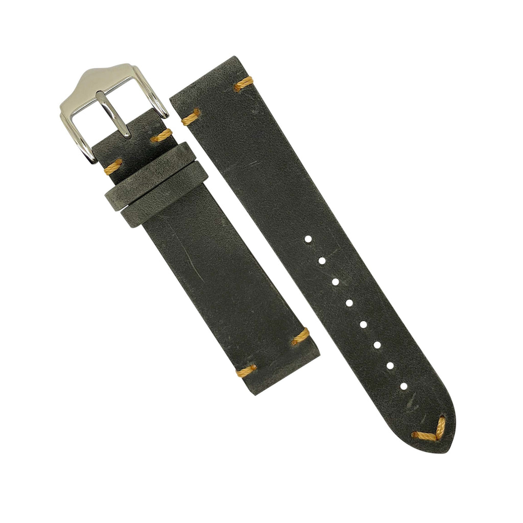 Premium Vintage Calf Leather Watch Strap in Grey w/ Silver Buckle (22mm)