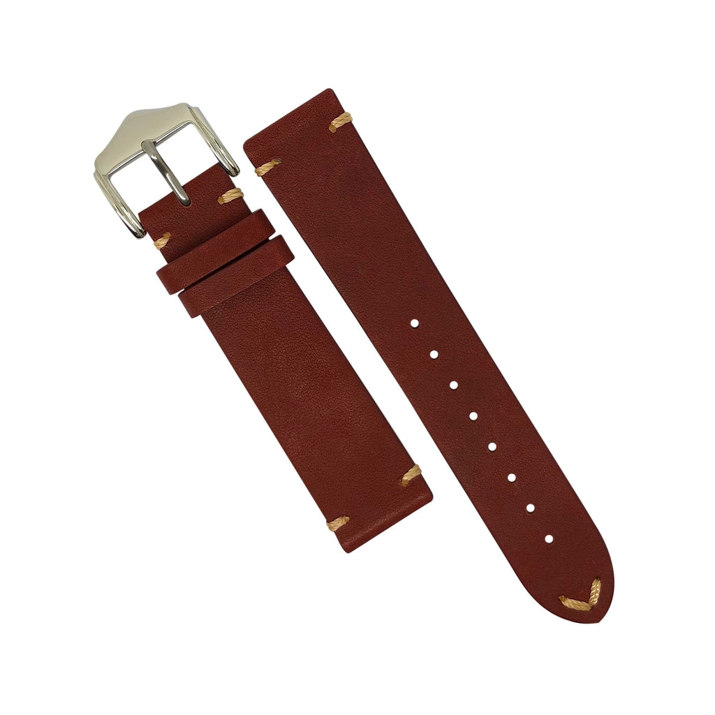 Premium Vintage Calf Leather Watch Strap in Maroon w/ Silver Buckle (22mm)