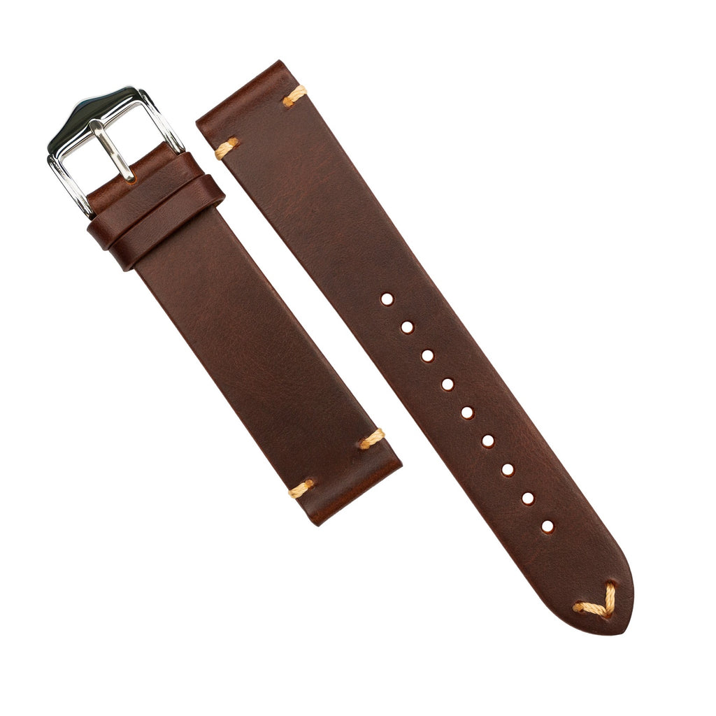 Premium Vintage Oil Waxed Leather Watch Strap in Tan w/ Silver Buckle (22mm)