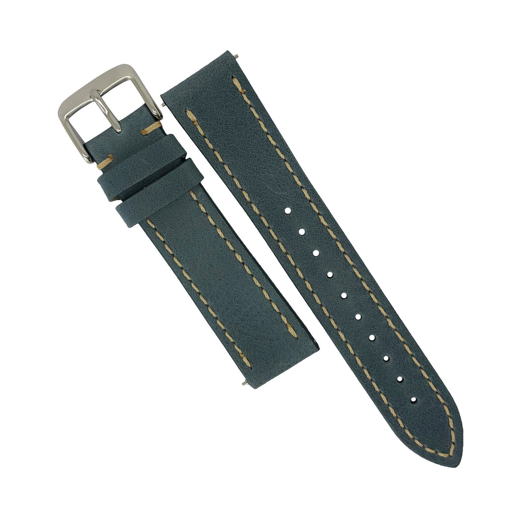 Quick Release Modern Leather Watch Strap in Blue w/ Silver Buckle (20mm)