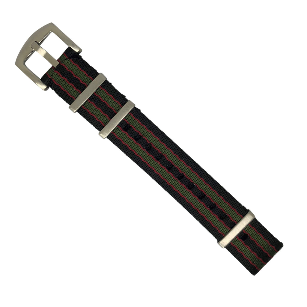 Seat Belt Nato Strap in Black Green Red (James Bond) with Brushed Silver Buckle (22mm)