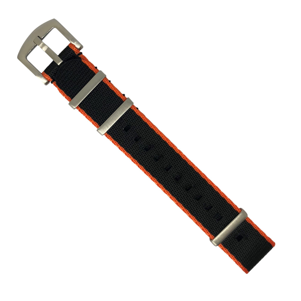 Seat Belt Nato Strap in Black with Orange Accent with Brushed Silver Buckle (22mm)