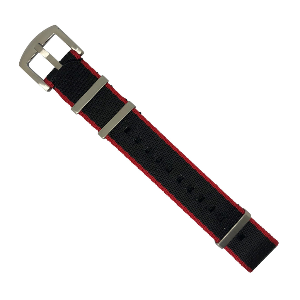 Seat Belt Nato Strap in Black with Red Accent with Brushed Silver Buckle (22mm)