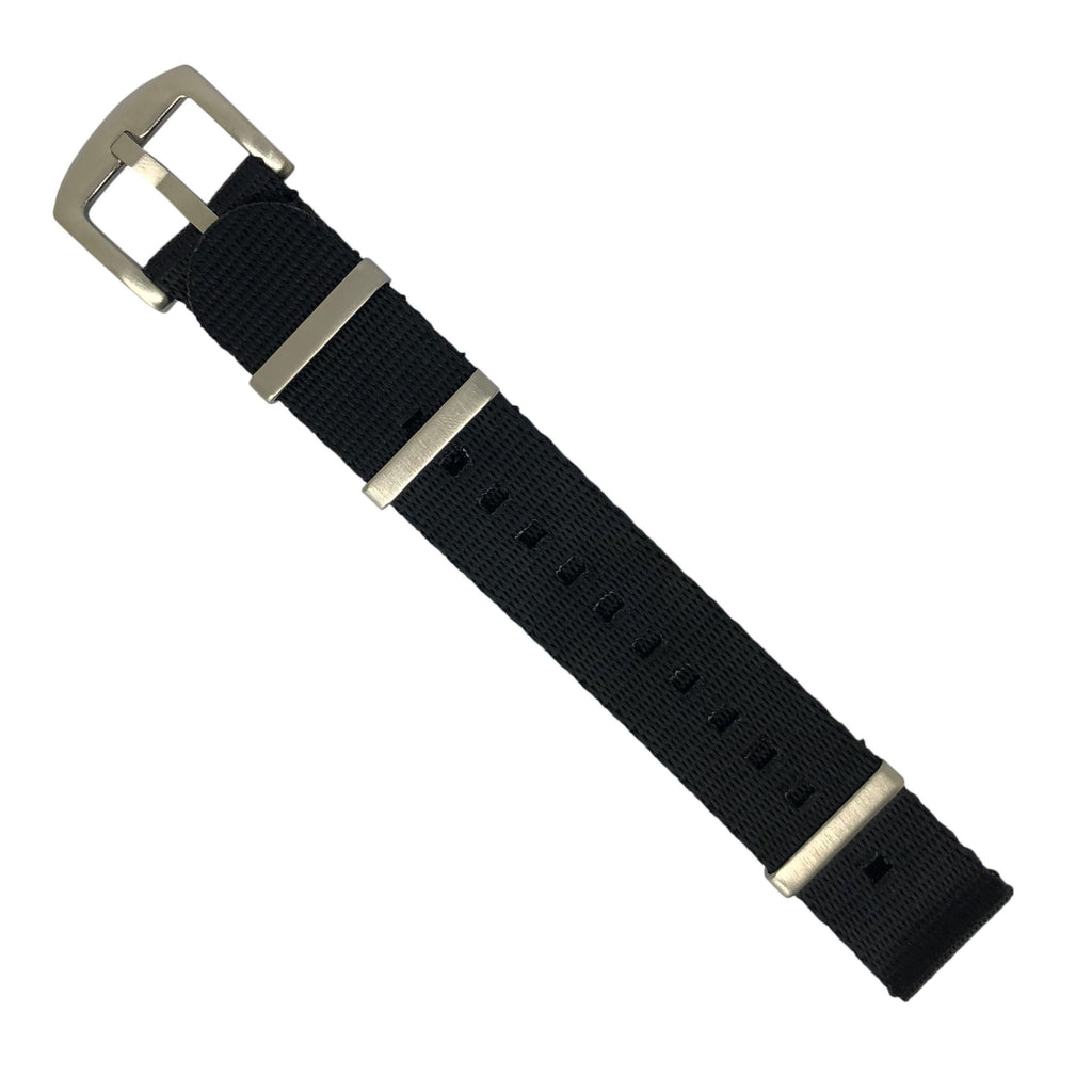 Seat Belt Nato Strap in Black with Brushed Silver Buckle (20mm)